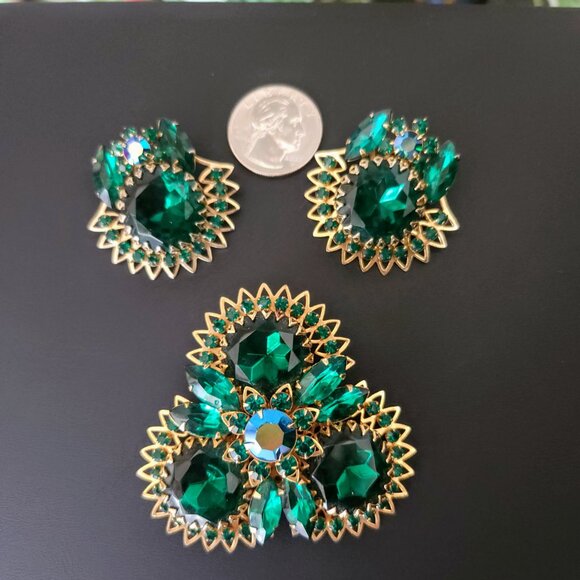Vintage Judy Lee Jewels Emerald Green Rhinestone Brooch & Earring Set - Picture 3 of 11